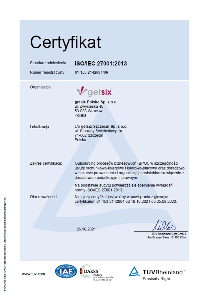 Certyfikat TÜV Rheinland ISO/IEC 27001:2013 getsix® Szczecin