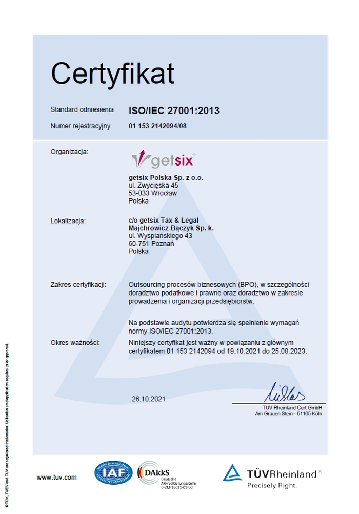 Certyfikat TÜV Rheinland ISO/IEC 27001:2013 getsix® Tax & Legal