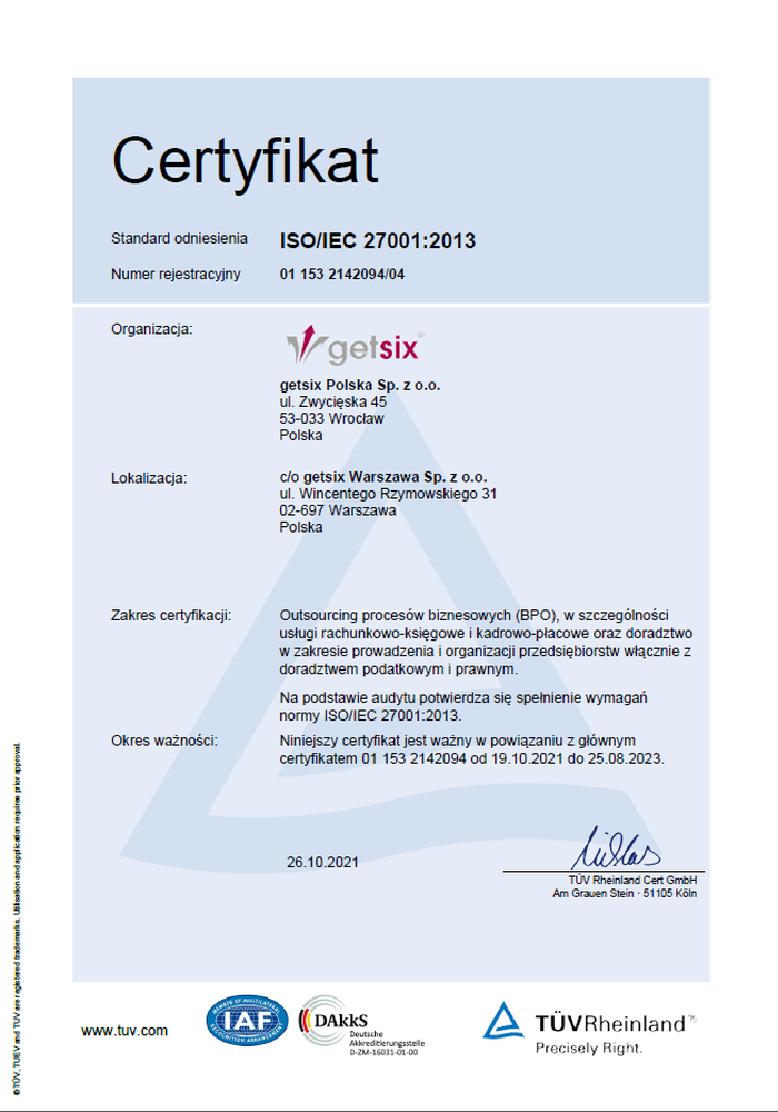 Certyfikat TÜV Rheinland ISO/IEC 27001:2013 getsix® Warszawa