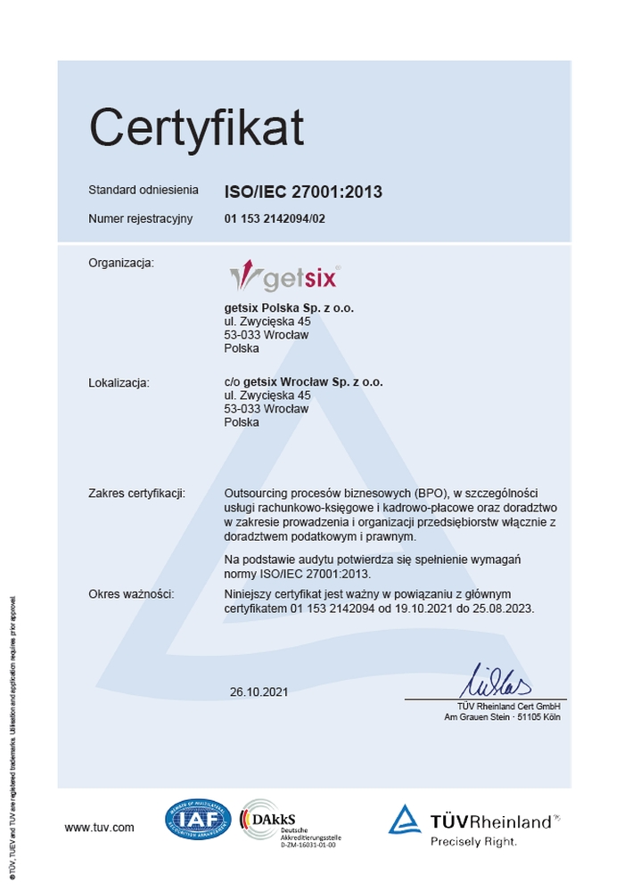 Certyfikat TÜV Rheinland ISO/IEC 27001:2013 getsix® Wrocław