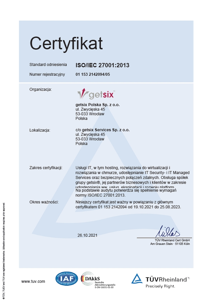 Certyfikat TÜV Rheinland ISO/IEC 27001:2013 getsix® Services