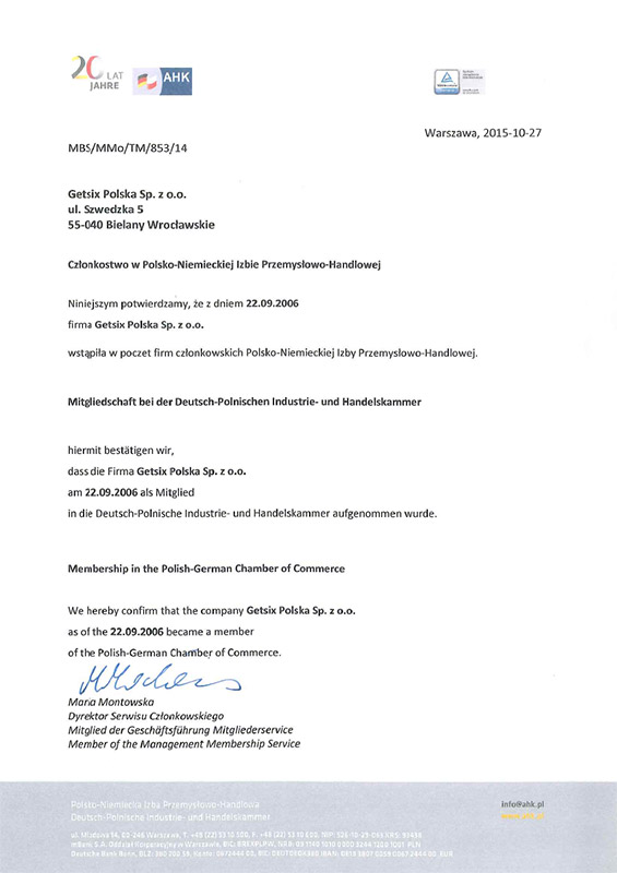 Certyfikat Polsko-Niemieckiej Izby Przemysłowo-Handlowej