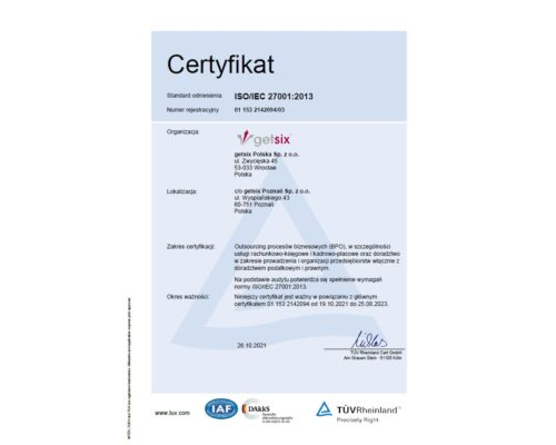 Certyfikat TÜV Rheinland ISO/IEC 27001:2013 getsix® Poznań