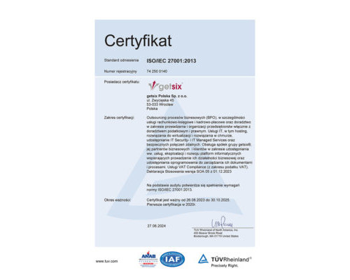 Główny Certyfikat TÜV Rheinland ISO/IEC 27001:2013