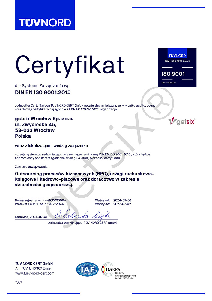 Certyfikat TÜV NORD ISO 9001:2015