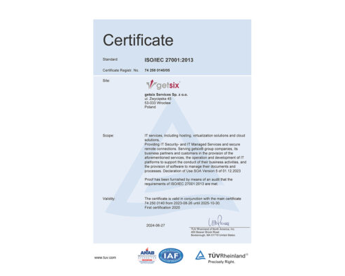 Certificate TÜV Rheinland ISO/IEC 27001:2013 getsix® services