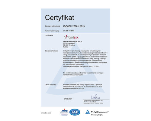 Certyfikat TÜV Rheinland ISO/IEC 27001:2013 getsix® Services